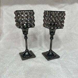 Crystal Reflective Tiered Set of 2 Metal Pedestal Candle Holders